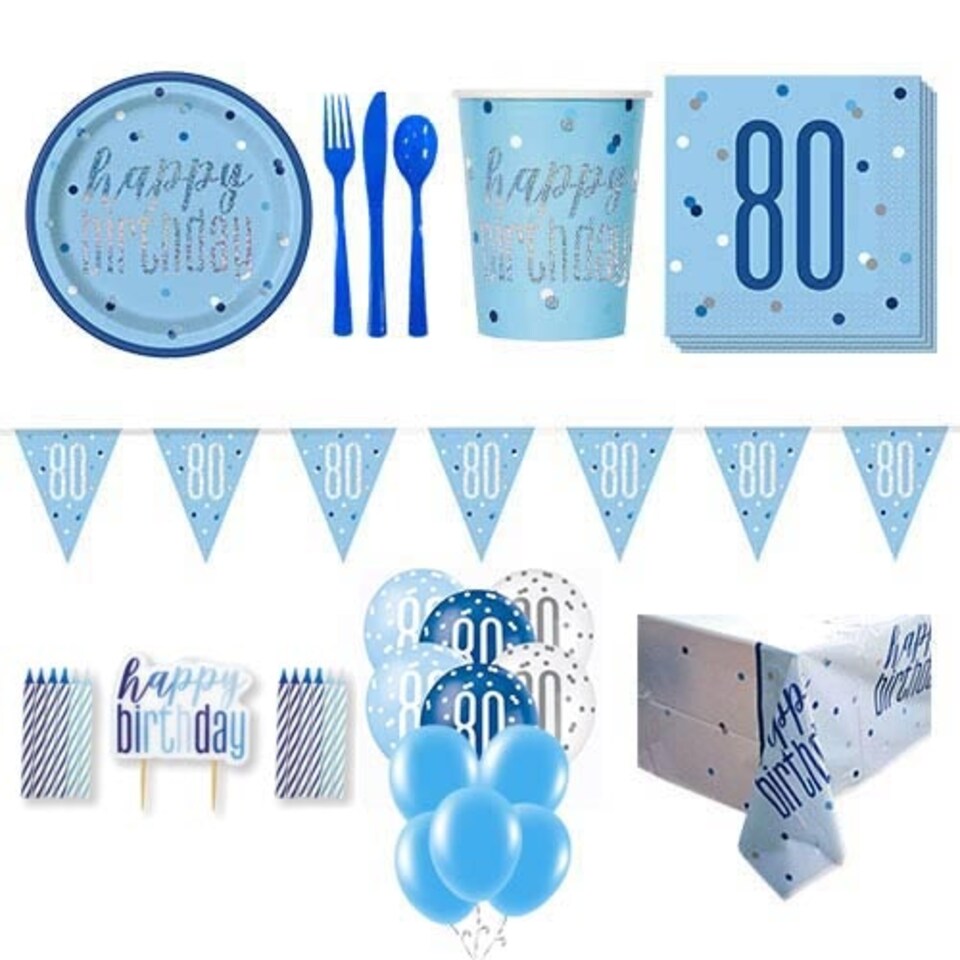 Blue Glitz 80th Birthday 16 Person Deluxe Party Pack