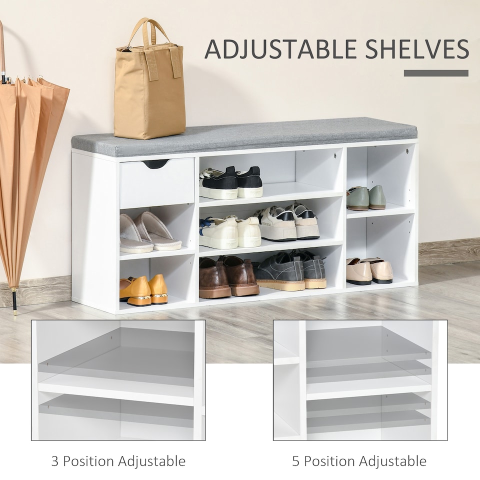 image 1 of HOMCOM Shoe Storage Cabinet Bench w/ Cushion Adjustable Shelves White