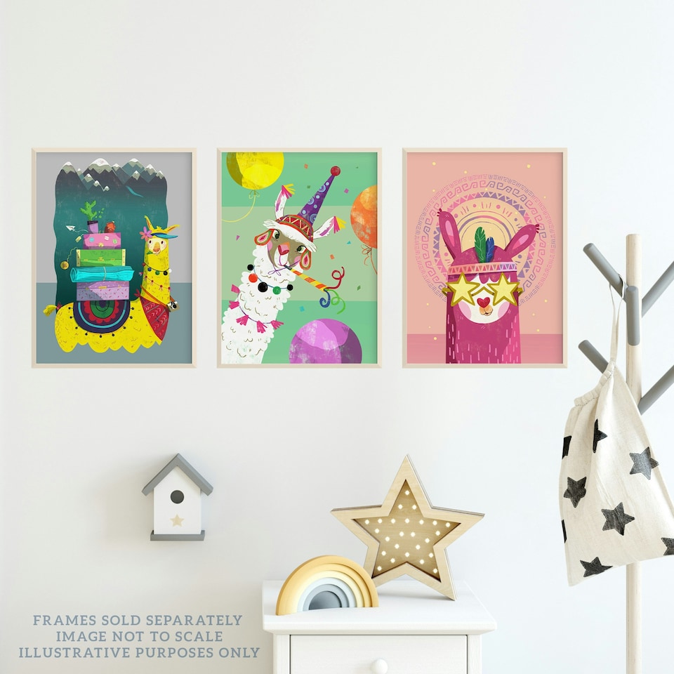 image 1 of Set of 3 Girl Kids Bedroom Llama Cool White Yellow Pink Camping Party Wall Art Print A4