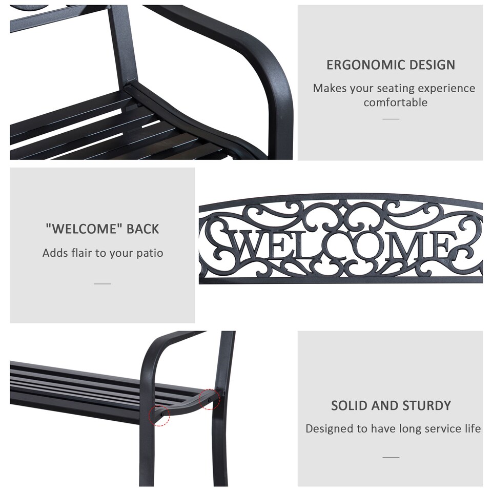 image 1 of Outsunny Garden Bench, Metal Outdoor Bench Seat, 2 Seater Patio Loveseat with Welcome Backrest, Armrests and Slatted Seat, 240 KG Capacity for Park, Porch, Black
