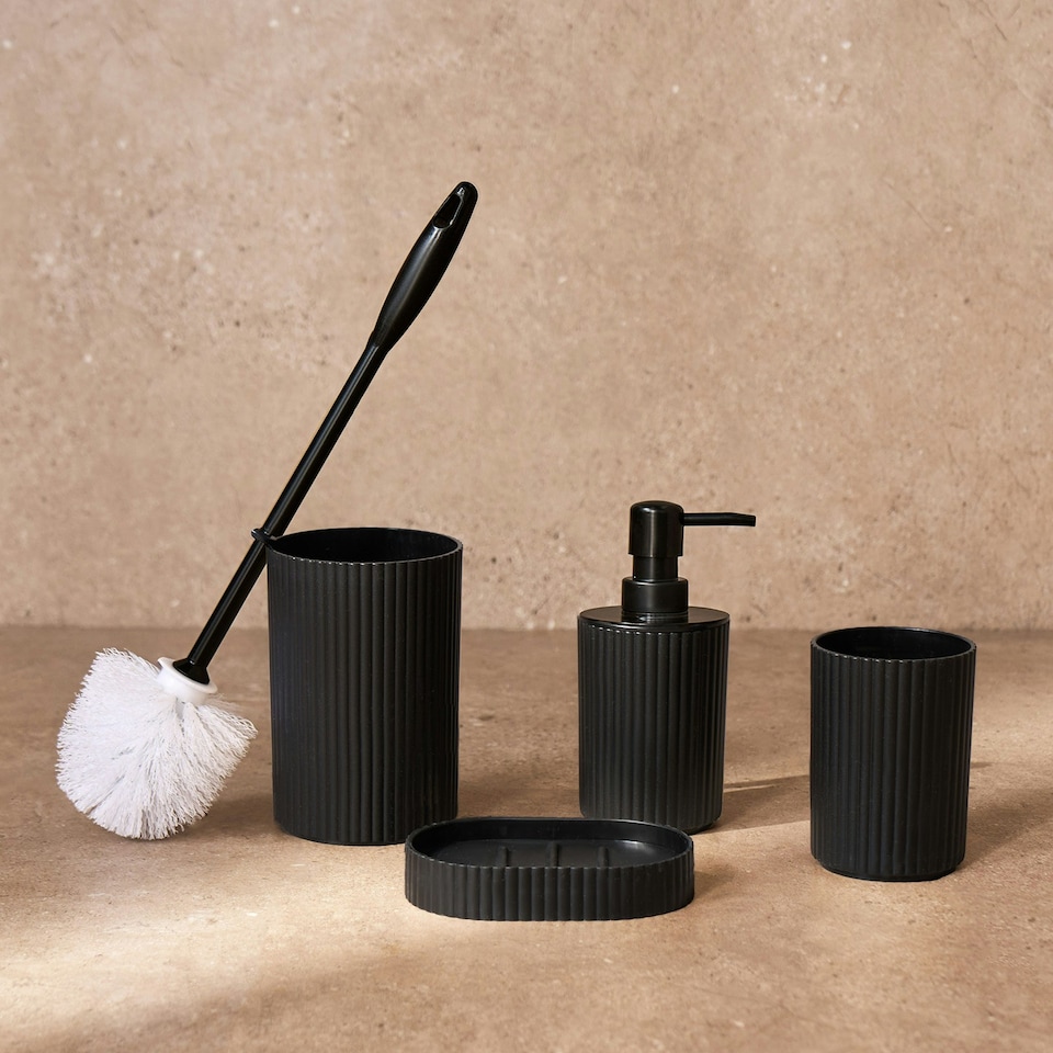 image 1 of OHS 4 Piece Ribbed Bathroom Set Soap Dish Dispenser Toothbrush Holder Tumbler Toilet Brush Accessories Organiser - Black