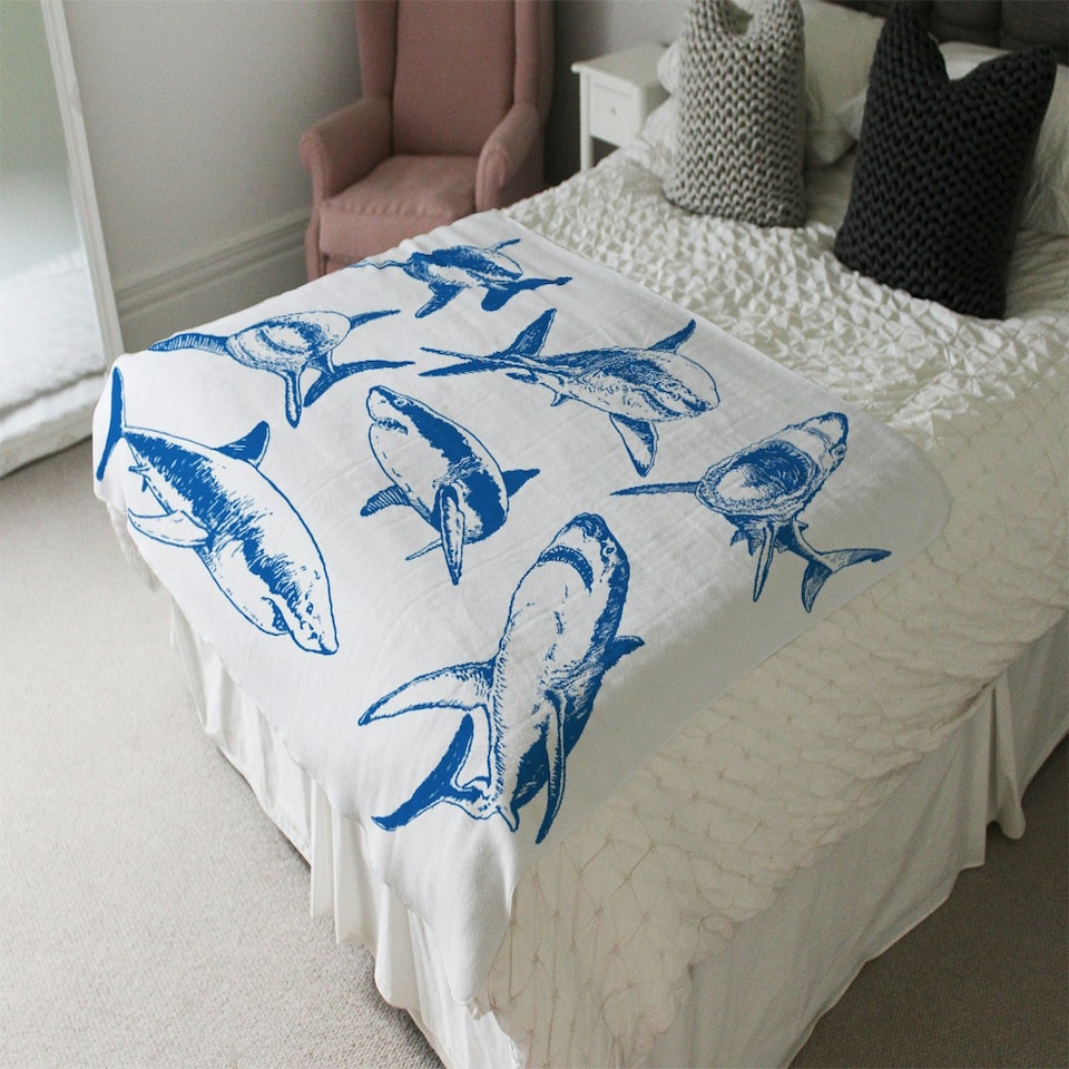 image 1 of Graphical set of blue sharks isolated on white background (Blanket)