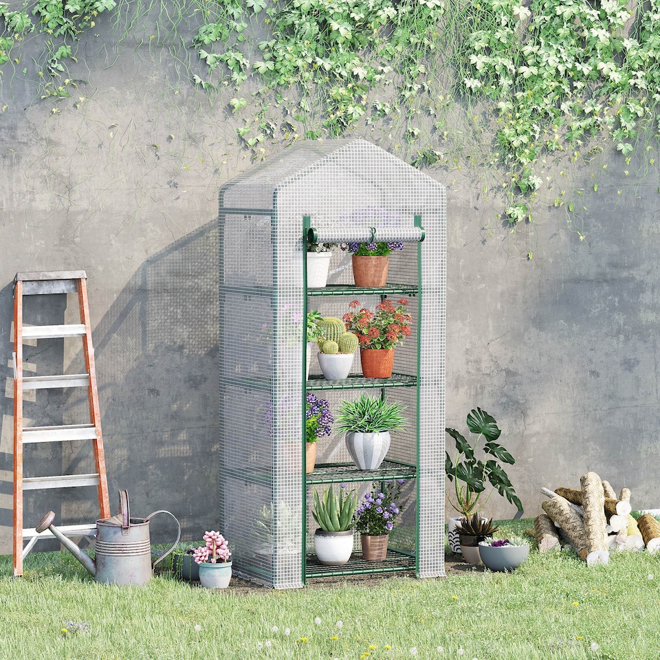 image 1 of Outsunny Mini Greenhouse 4-Tier Portable Plant House Shed w PE Cover, Green