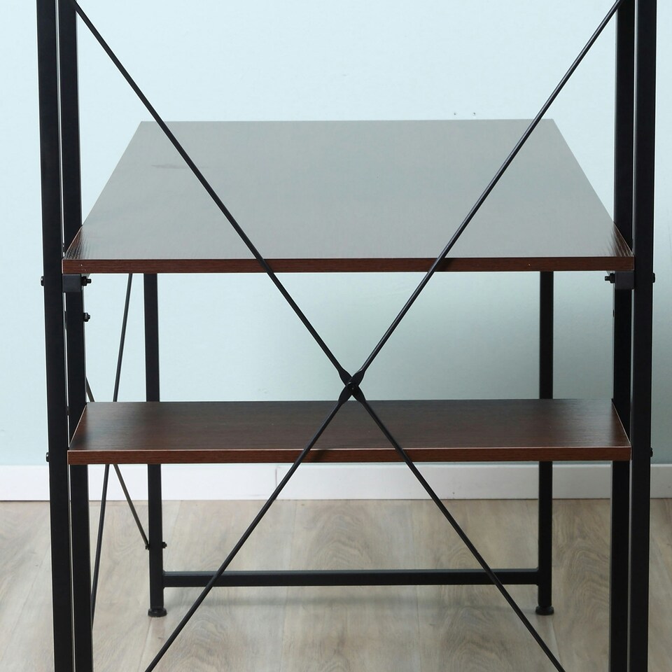image 1 of HOMCOM Computer Desk Laptop Table w/4-tier Bookshelf Metal Frame Walnut, Black