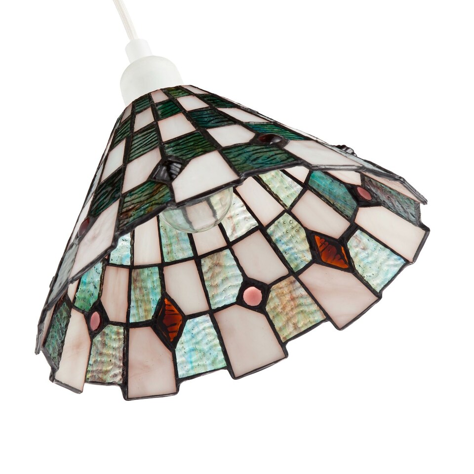 image 1 of Emerald Green and Opal White Tiffany Pendant Shade with Ruby Red Beads | Green | Emerald Green | 1