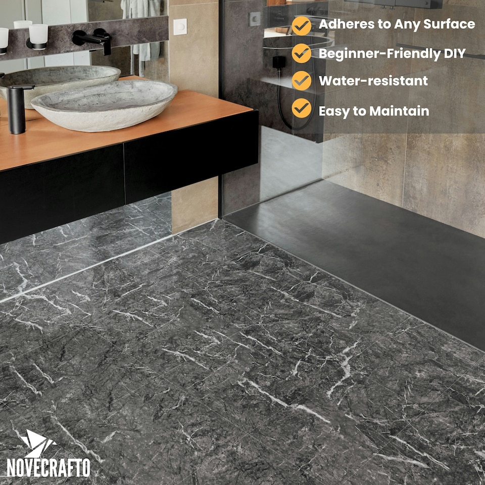 image 1 of NOVECRAFTO Black Self Adhesive Vinyl Floor Tiles - 12”x24” (30.48x60.96cm) - Large Peel & Stick Waterproof Marble Effect Flooring - Pack of Tiles Black | 3.71 sqm