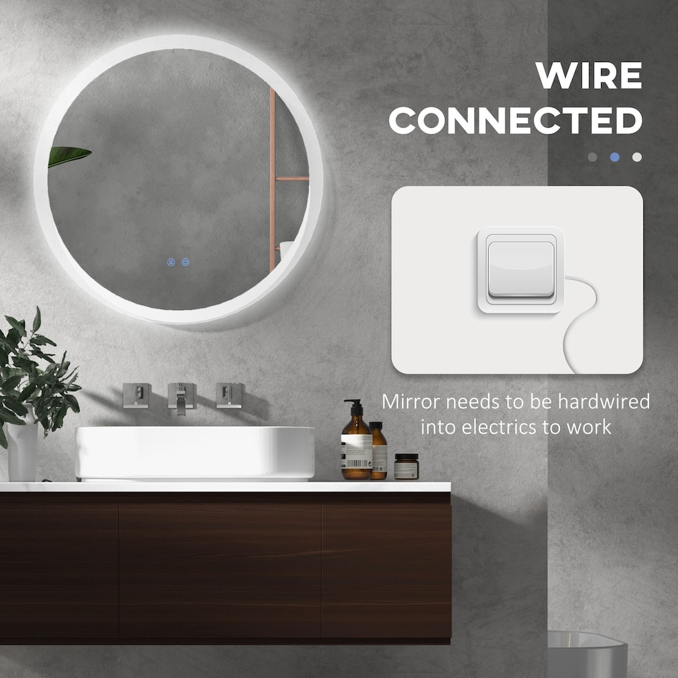 image 1 of kleankin Round Bathroom Mirror with LED Lights, Wall-Mounted Dimmable Makeup Mirror with 3 Temperature Colours, Defogging Film