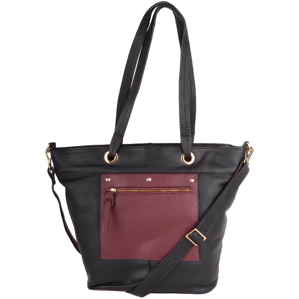 image 1 of London Leathergoods Womens Premium Genuine Leather Large Shoulder Tote Handbag with Contrasting Colours | Black | Black/Burgundy