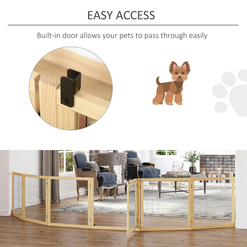 image 1 of PawHut Freestanding Pet Dog Gate, Six-Panel Foldable Wooden Playpen, 432cm