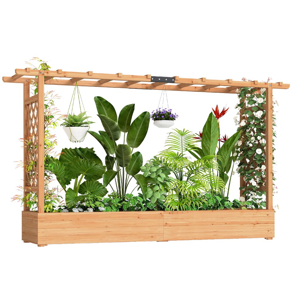 image 1 of Outsunny Raised Bed for Garden with Trellis, 200 x 44 x 113.5 cm, Natural | Brown