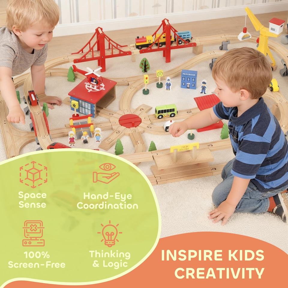 image 1 of AIYAPLAY Wooden Train Set, 133 Piece Train Track for Kids, Boys and Girls Ages 3+ Years Old, Wooden Magnetic Railway Toys with Crane, Storage Box