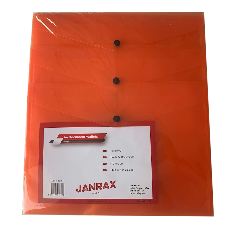image 1 of Pack of 60 A4 Orange Document Wallets by Janrax
