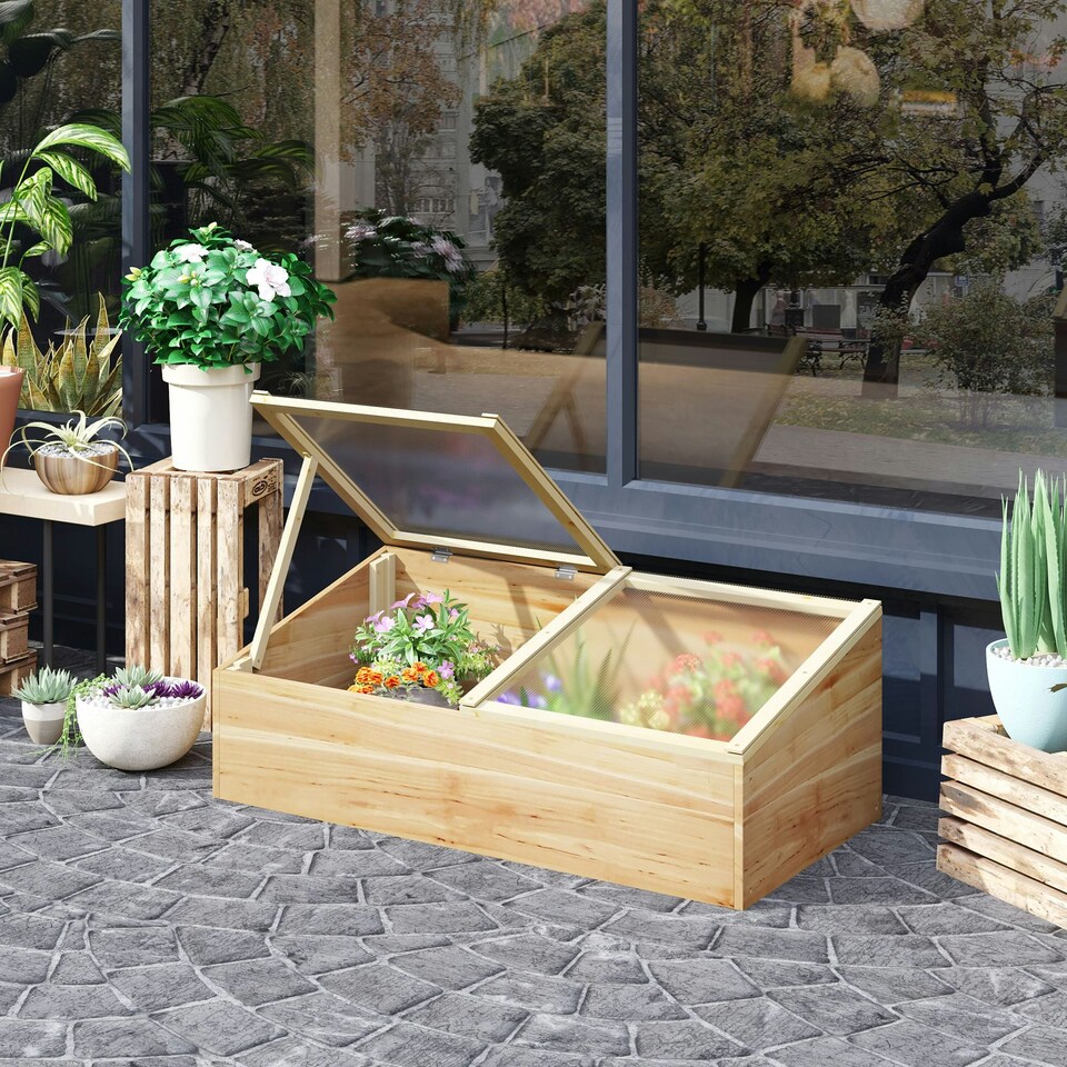 image 1 of Outsunny Wood Cold Frame Greenhouse Garden Polycarbonate Grow House, Natural