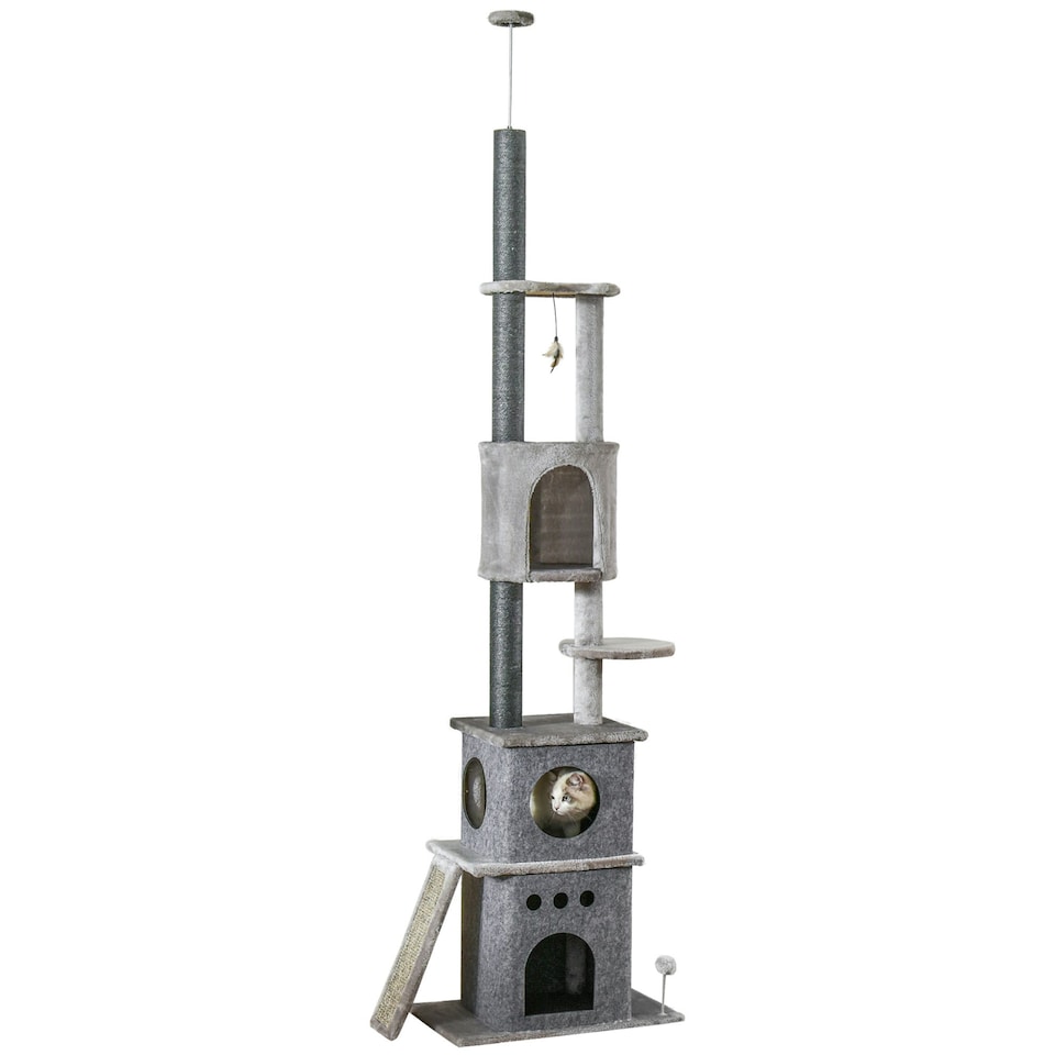 image 1 of PawHut Floor To Ceiling Cat Tree, 255cm Adjustable Height, Grey
