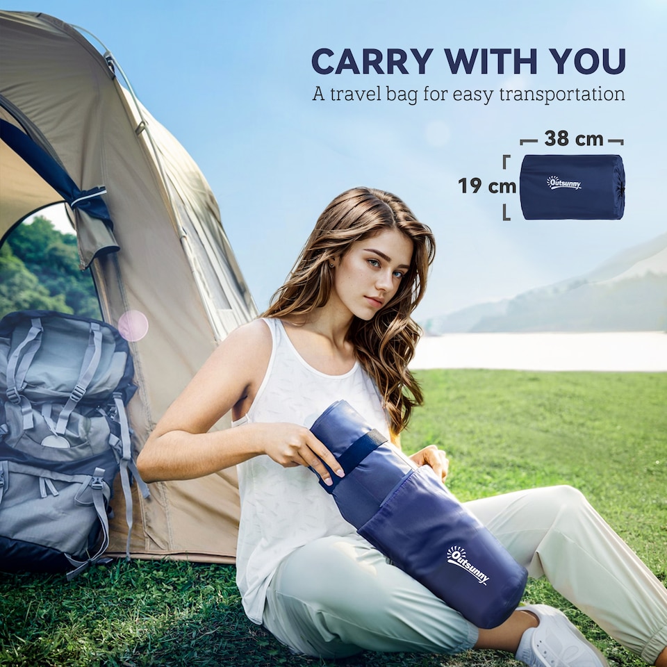 image 1 of Outsunny Portable Inflatable Camping Bed with Double Mattress Navy Blue