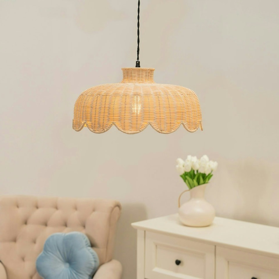 image 1 of ValueLights Nevaeh Rattan Wicker Scallop Easy Fit Ceiling Light Shade - Bulb Included Brown