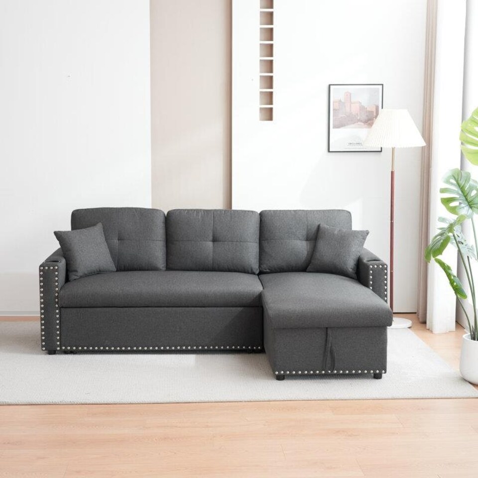 image 1 of Sofabed 3 Seater Reversible Sectional Sofa Sleeper Set with Storage Chaise, Built-in Cupholder, Decorative Rivets, Pull-out Bed, and Light Grey Fabric Grey