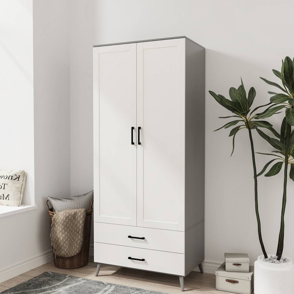 image 1 of DEVON Wardrobe 2 Door 2 Drawer Modern Bedroom Clothes Storage Hanging Rail 180cm | Grey | Grey White | 1