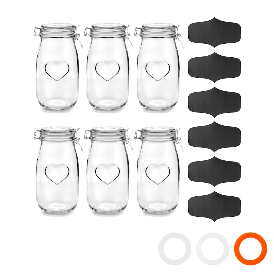image 1 of Nicola Spring Heart Glass Storage Jars with Labels - 1.5 Litre - Clear Seal - Pack of 6