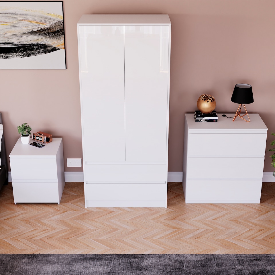 image 1 of Vida Designs Glinton 3 Piece FSC Certified Bedroom Set (2 Drawer Bedside Chest, 3 Drawer Chest, 2 Door 2 Drawer Wardrobe), White White | White