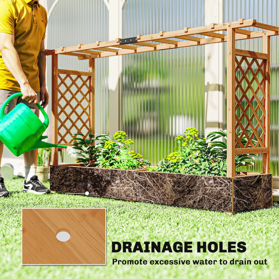 image 1 of Outsunny Raised Bed for Garden with Trellis, 200 x 44 x 113.5 cm, Natural | Brown