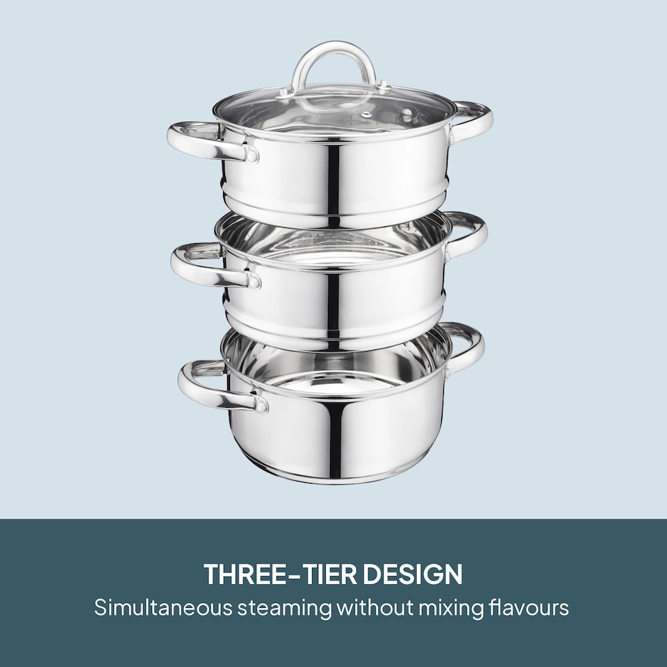 image 1 of Cooks Professional 3 Tier Stainless Steel Steamer Pan - Suitable for All Hobs | Silver | Silver | 20cm | 1