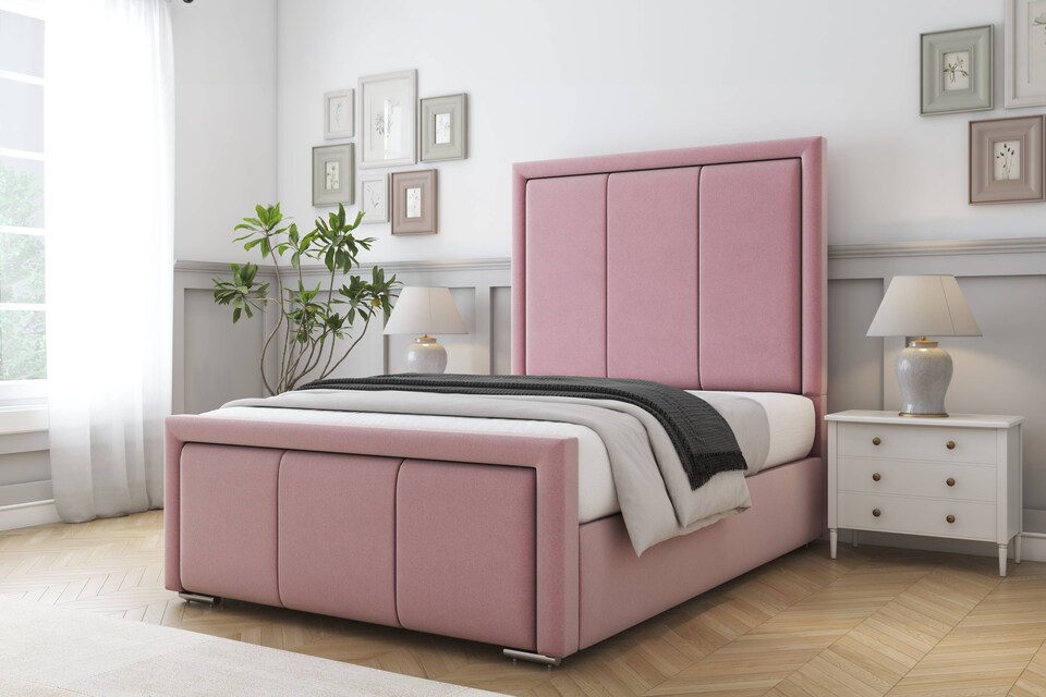 image 1 of Sloomy Lancaster Pink Plush Bed Frame With Mattress With 50" Upholstered Headboard 4' Small Double