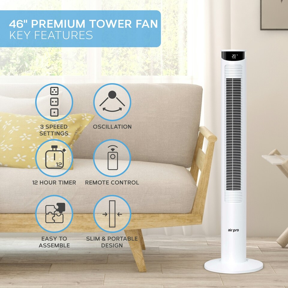 image 1 of Air Pro Smart 46" Tower Fan - Oscillating Bladeless Fan with Remote Control - White