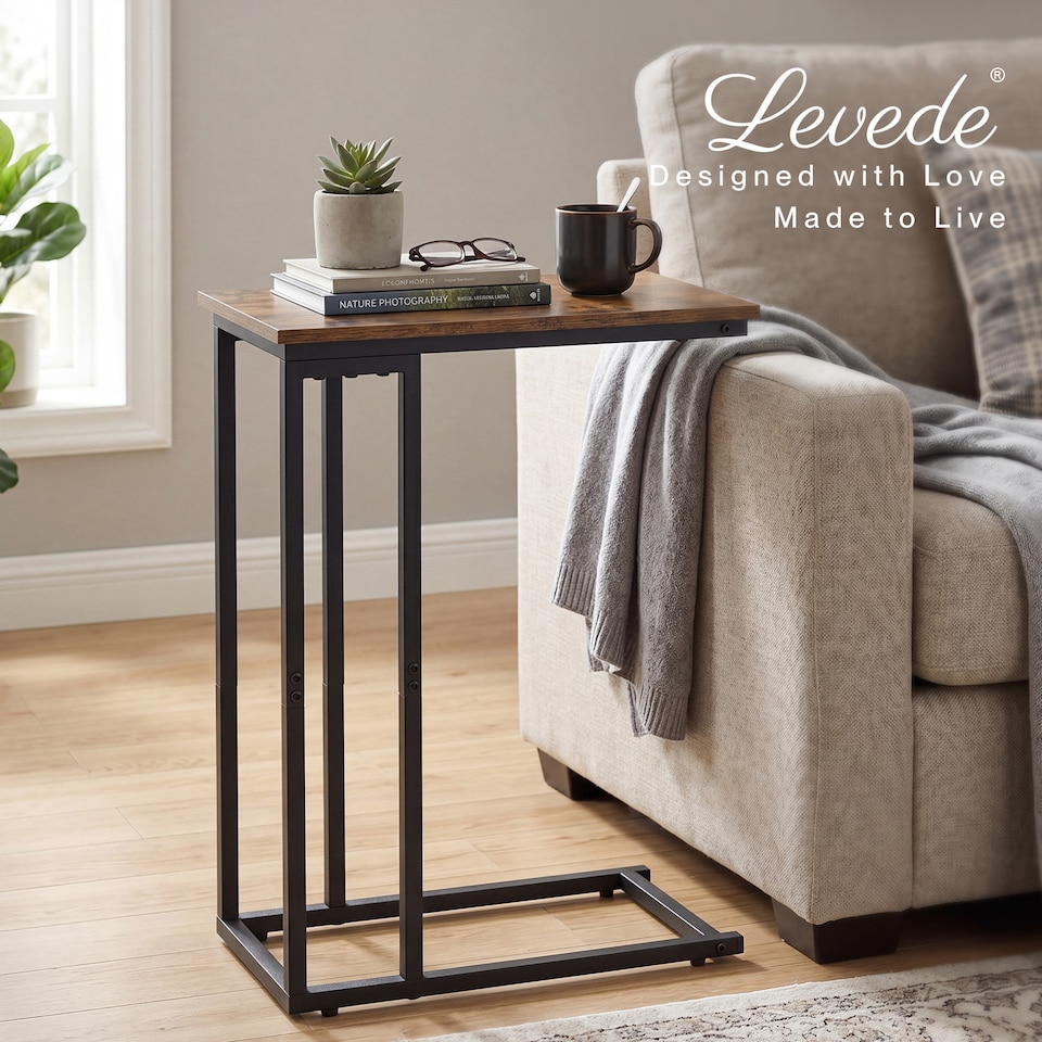image 1 of Levede Side Table C Shaped Space Saving for Sofa Bedroom Rustic Brown