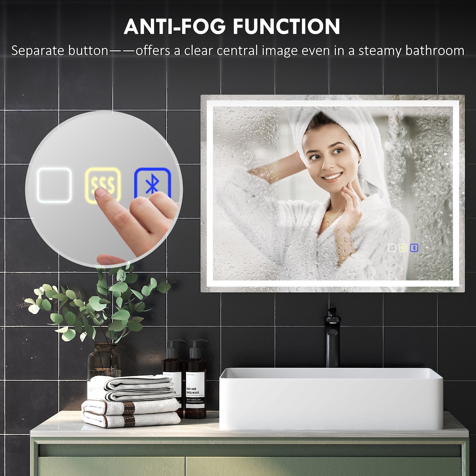 image 1 of HOMCOM 600 800 mm Bluetooth LED Bathroom Mirror, Illuminated Backlit Vanity Mirror with 3 Colours Dimmable, Anti-Fog, Memory Function, Touch Sensor, IP44 | Silver