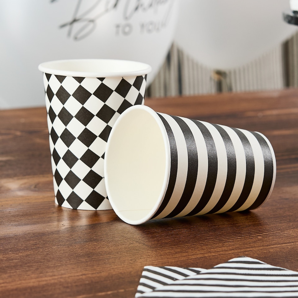 image 1 of Hootyballoo Monochrome Striped and Diamond Paper Cups - Pack of 8