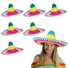 Orange Mexican Sombrero – Fancy Dress Hat with Pom-Pom Trim Multi | 6