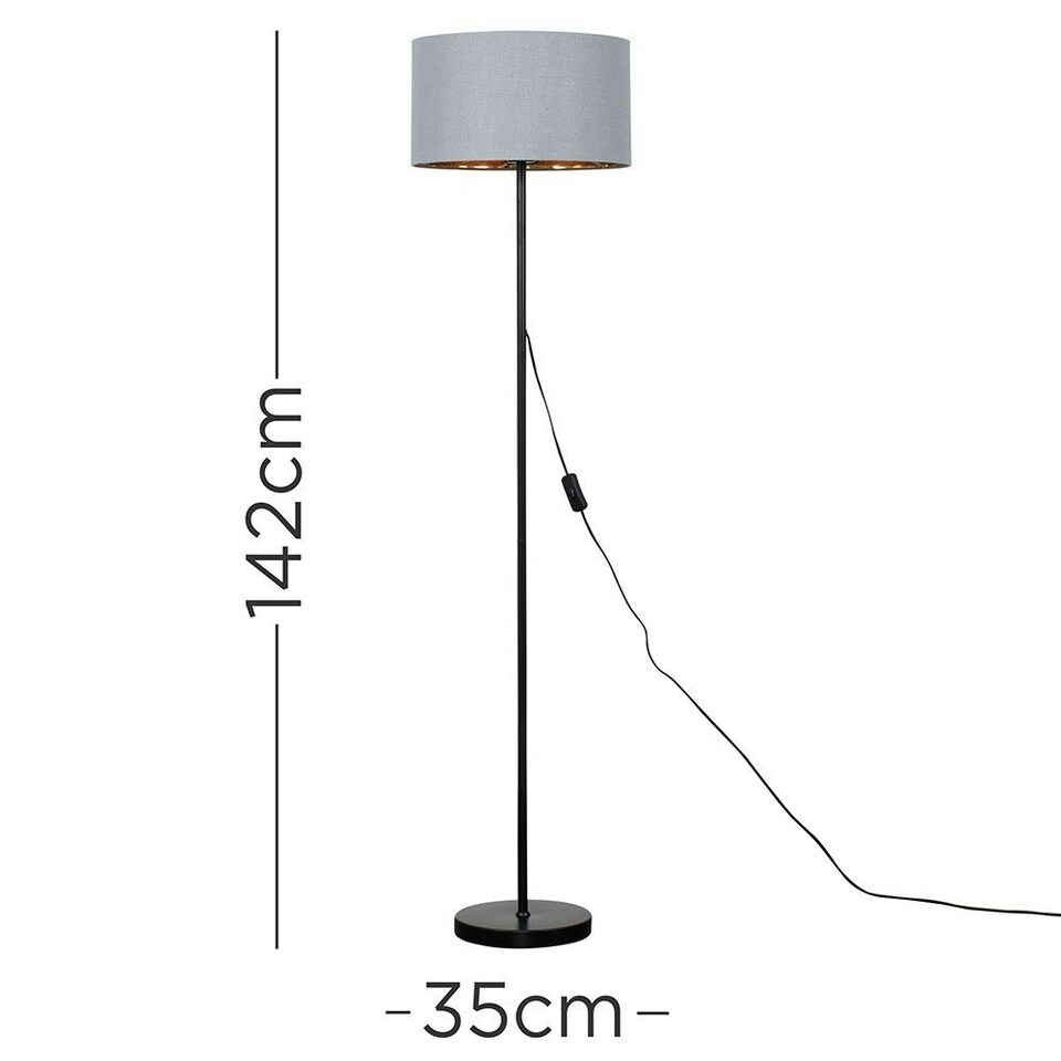 image 1 of ValueLights Standard Floor Lamp In Black Metal Finish With Warm Grey/Gold Drum Shade - Includes 6w LED Bulb 3000K Warm White