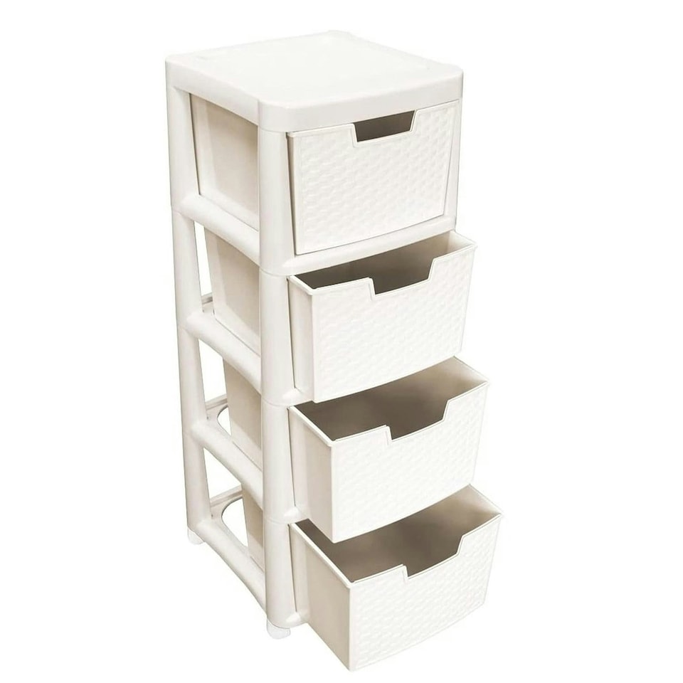 image 1 of 1 x Large Cream Spacious Rattan 4 Drawer Stylish Plastic Modular Storage Tower Unit For Home & Offices Cream
