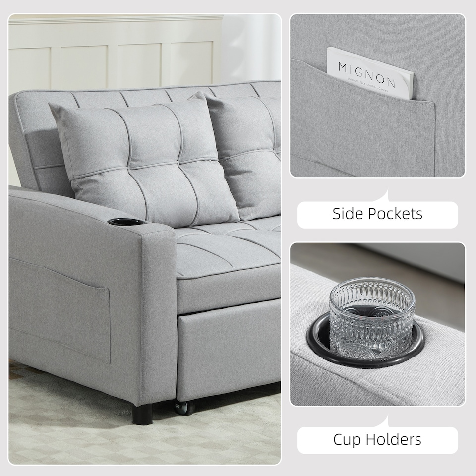 image 1 of HOMCOM 2 Seater Pull Out Sofa Bed with Pockets for Living Room Light Grey