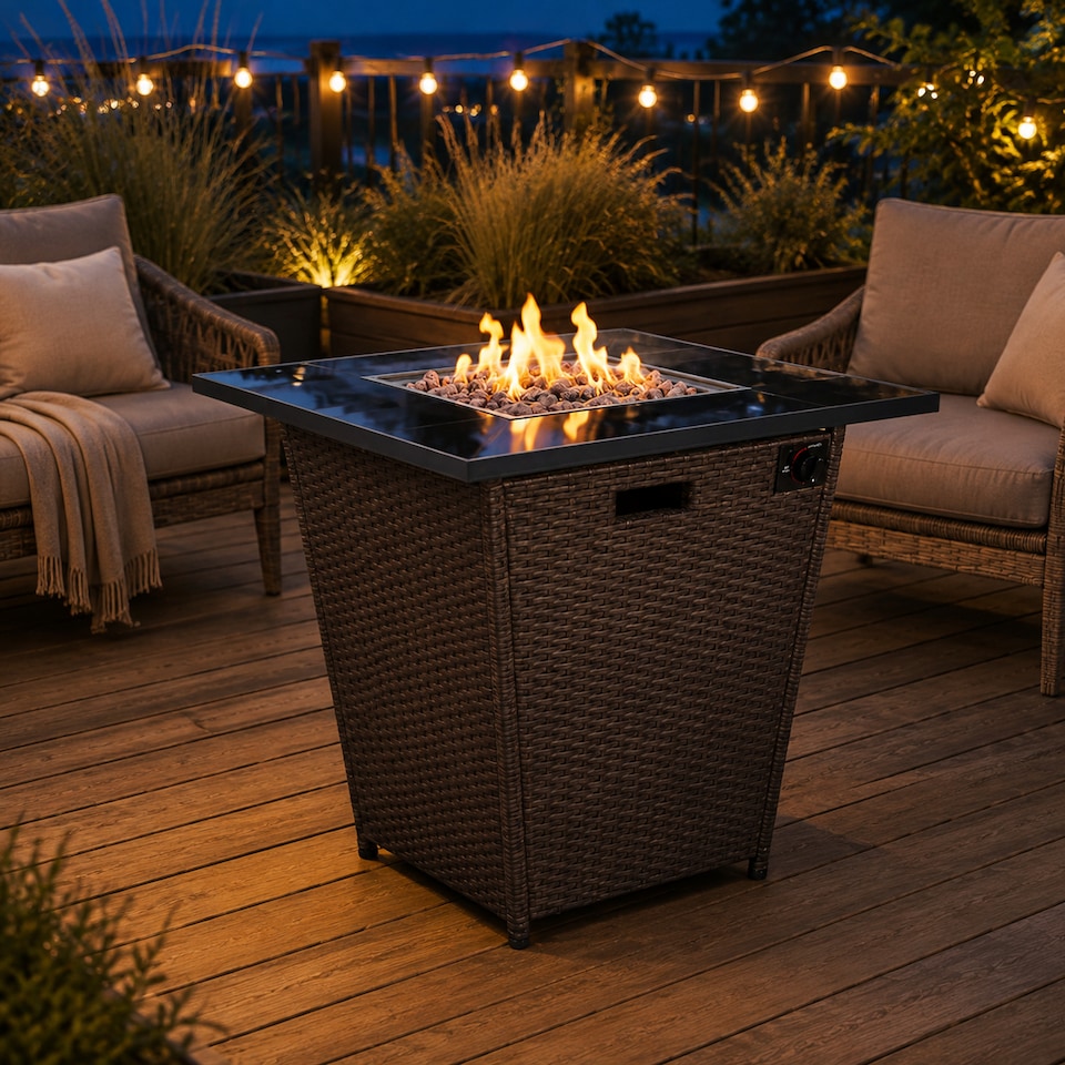 image 1 of Teamson 76cm Propane Gas Fire Pit Table with Rattan Base, 40,000 BTU