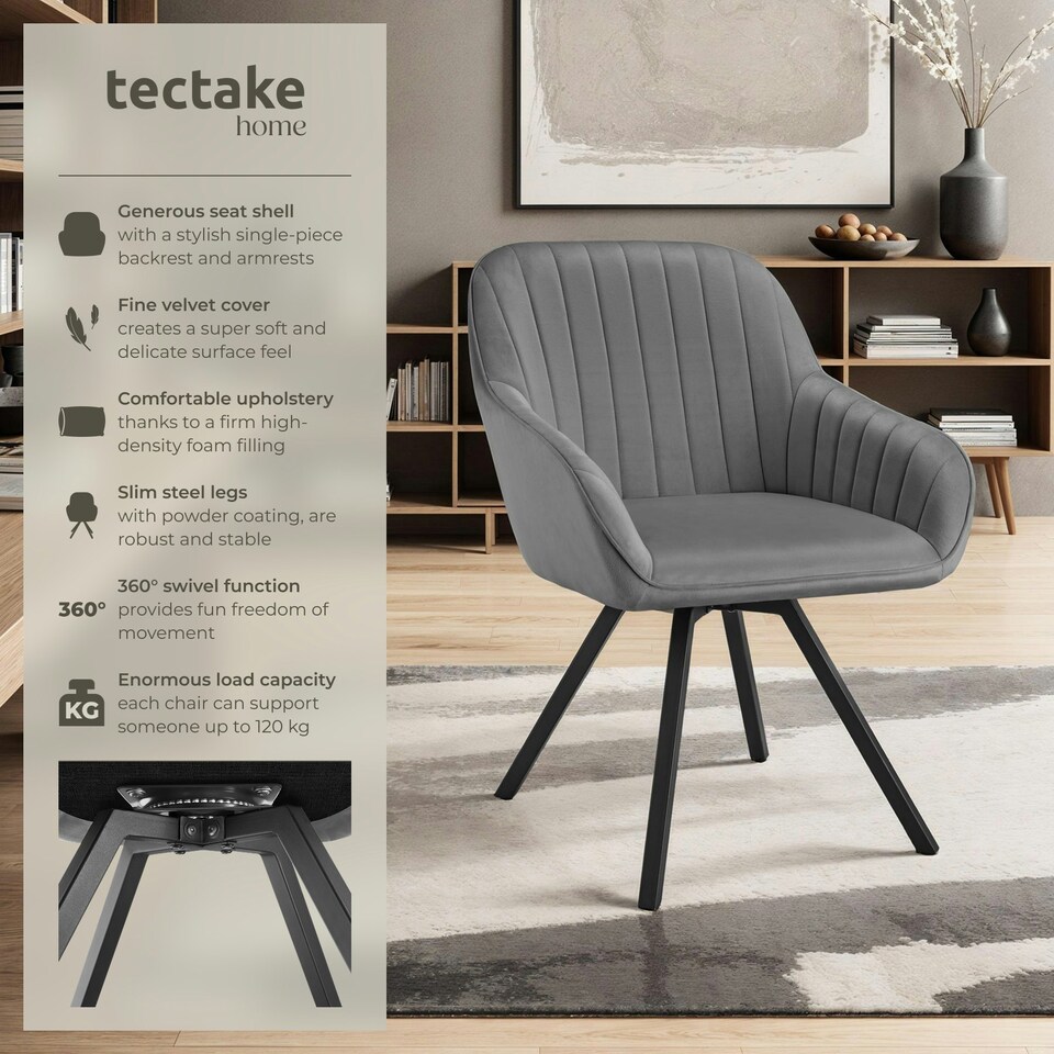 image 1 of Lounge Armchair Living Room Accent Chair 360 Swivel Slim Steel Legs Velvet Fabric - Set of 4 Grey