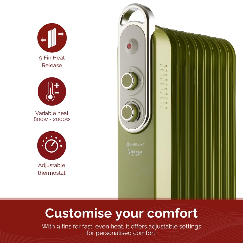 image 1 of Rediffusion Vintage 9 Fin Oil Filled Radiator 2KW Sage Green