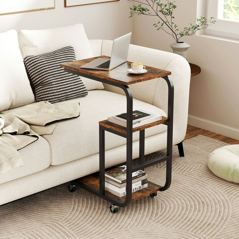 image 1 of COSTWAY Set of 2 C-shaped End Table Couch Table w/Shelves Brown