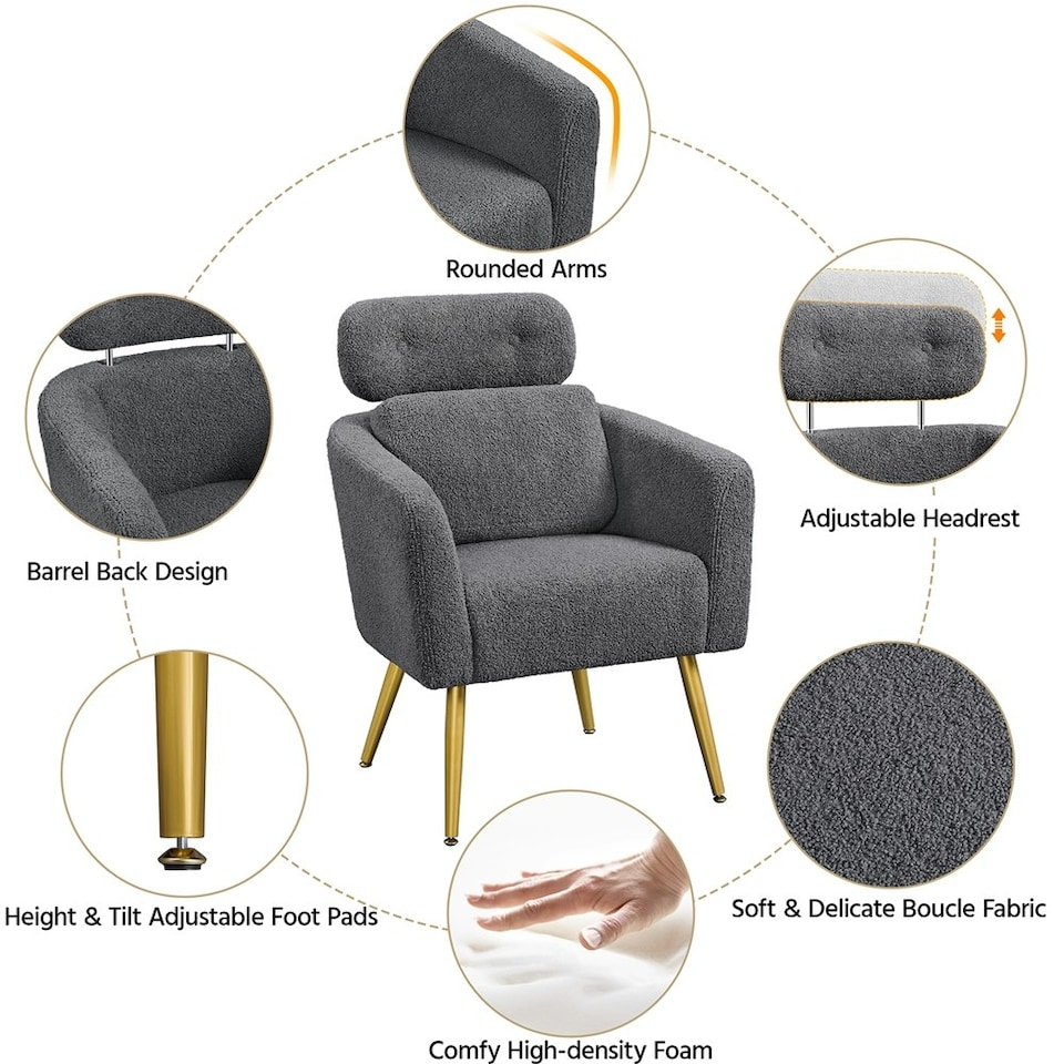image 1 of Yaheetech Boucle Barrel Accent Chair with Adjustable Headrest and Lumbar Pillow Grey | Dark Gray