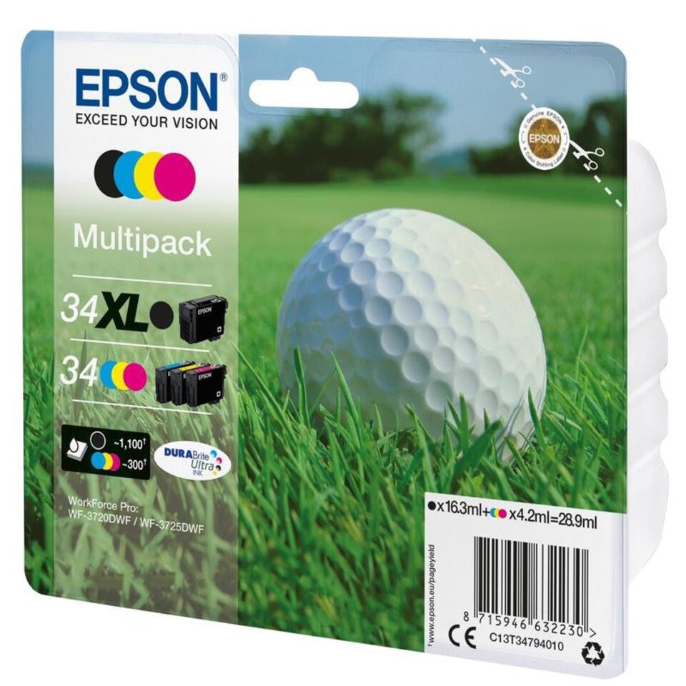 Epson 34XL Golf Ball Black Cyan Magenta Yellow High Yield Ink Cartridge Multipack 16.3ml + 3 x 4.2ml (Pack 4) - C13T34794010 N/A