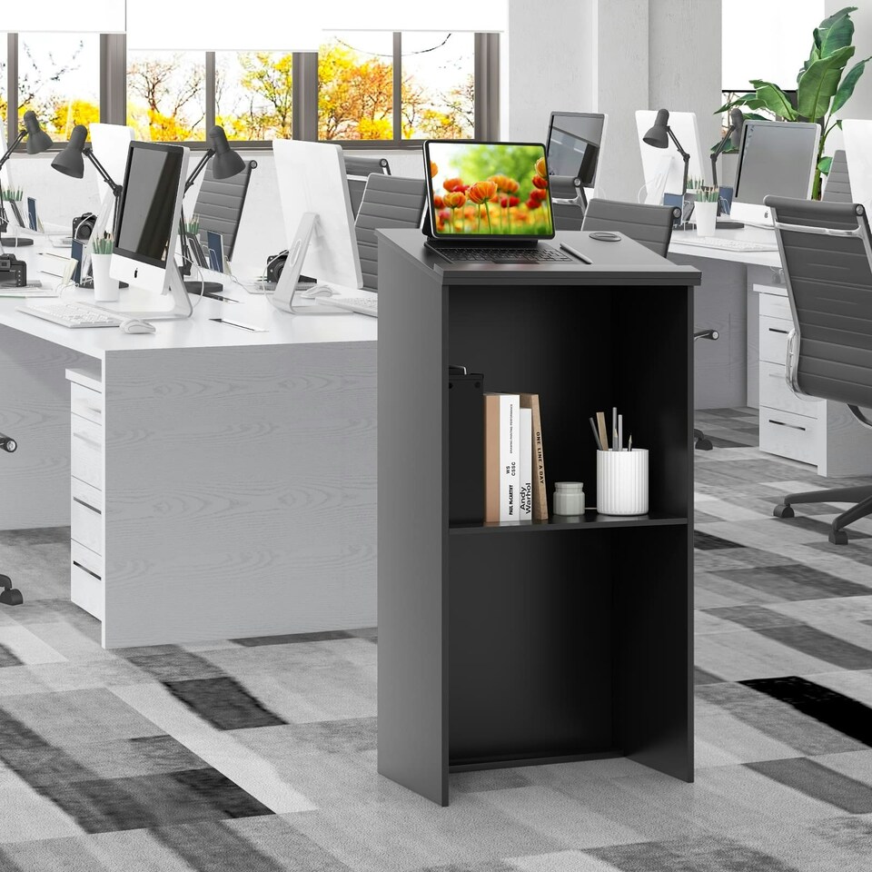 image 1 of COSTWAY Podium Stand Hostess Stand for Speakers with Storage Shelf Black