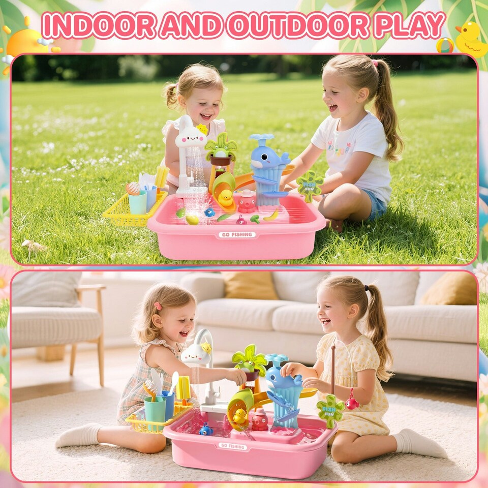 image 1 of Pretend Play Kitchen Sink with Real Running Water 4-in-1 Water Play Table (Pink)