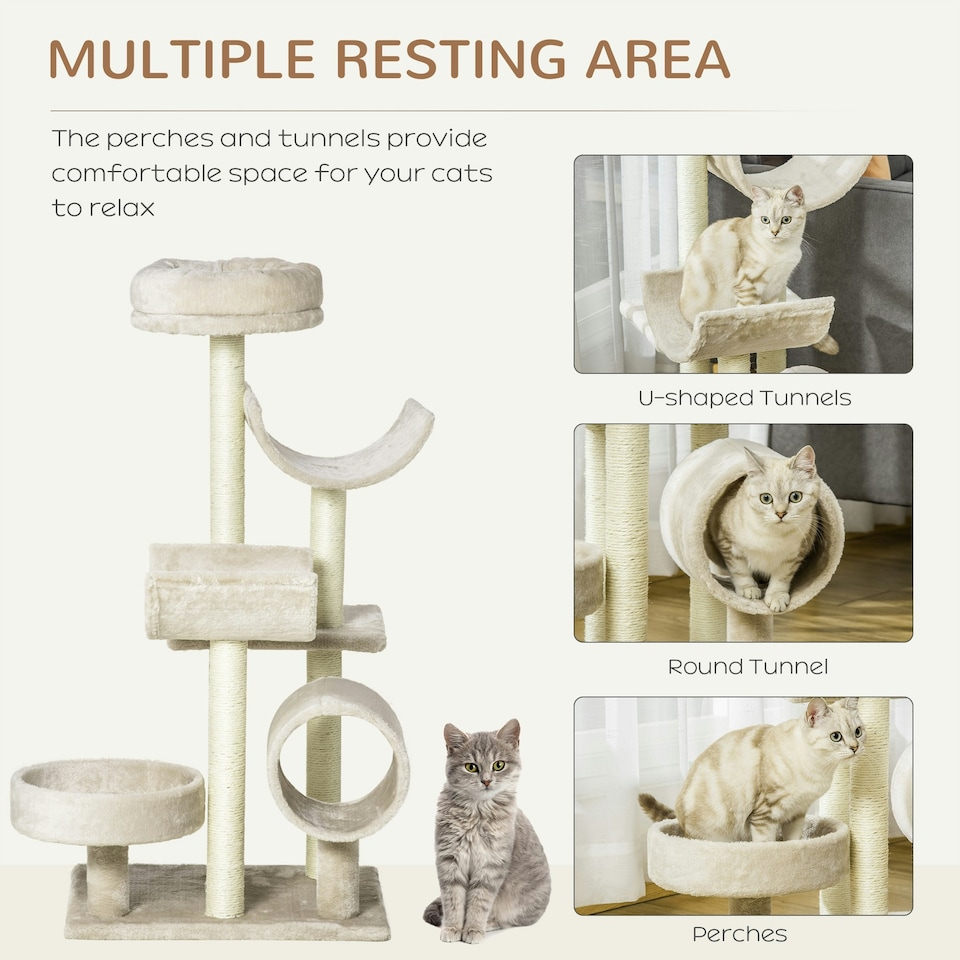 image 1 of PawHut Cat Tree Activity Center Scratching Post Perch Tunnel 105cm Beige