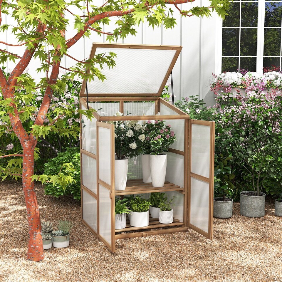 image 1 of COSTWAY Garden Cold Frame Portable Mini Wooden Greenhouse Outdoor Plant Cabinet