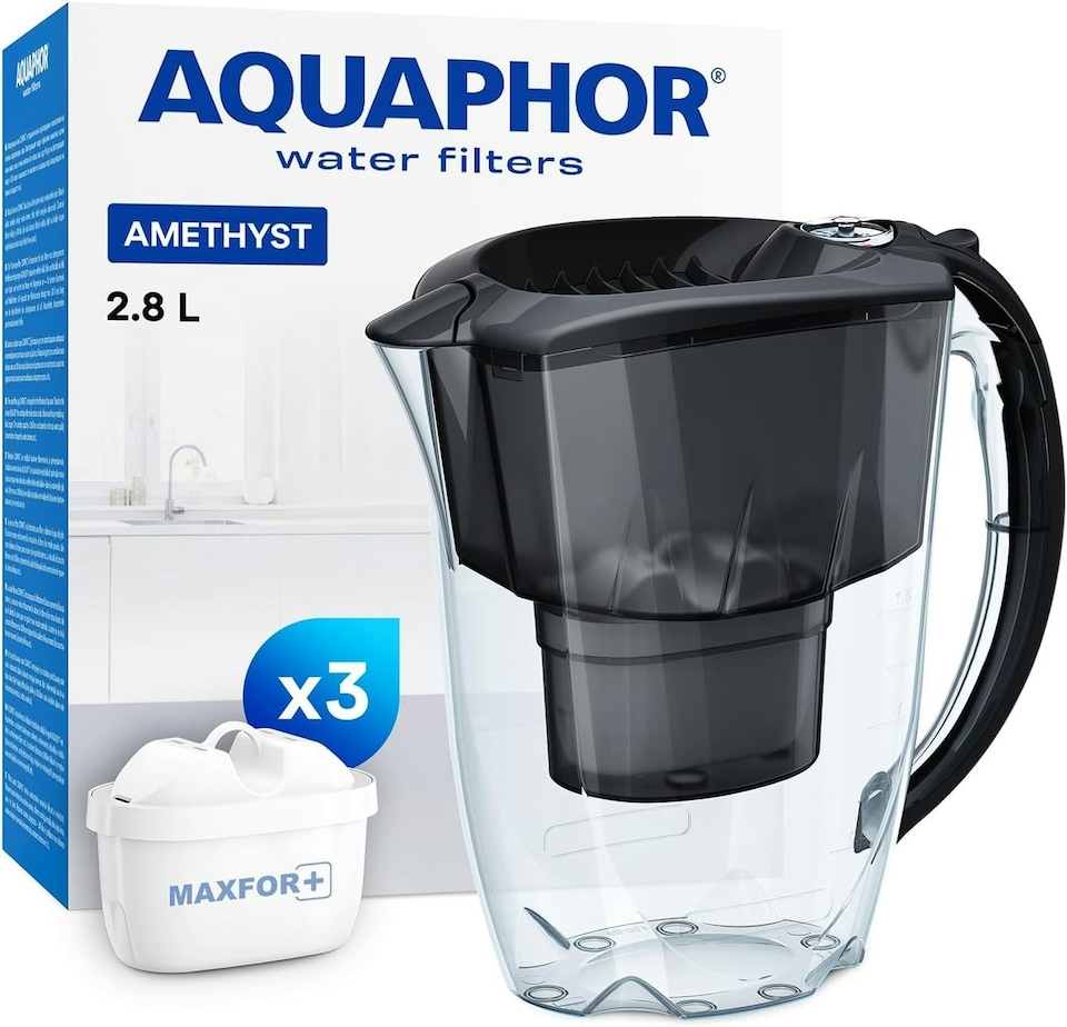 image 1 of AQUAPHOR 2.8 Litre Amethyst Water Filter Jug in Black with 3 x Maxfor+ filter