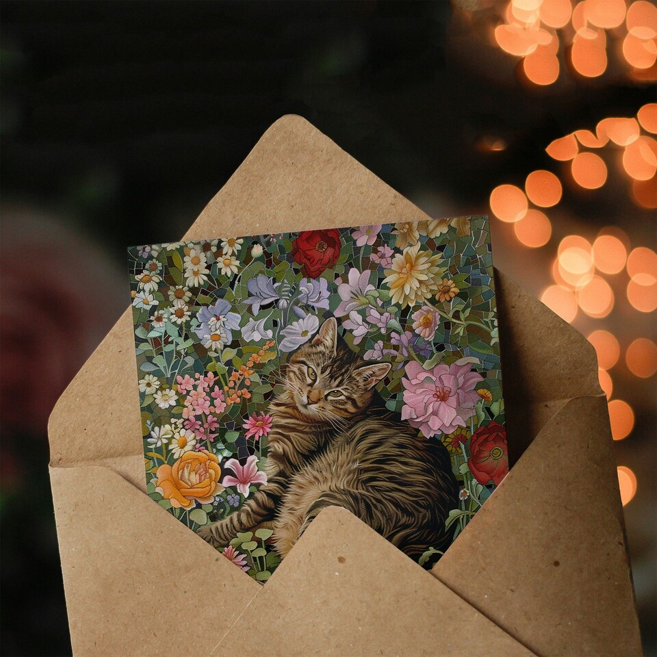 image 1 of Cat Lover Grey Tabby Laying Flower Meadow Woman Her Birthday Card