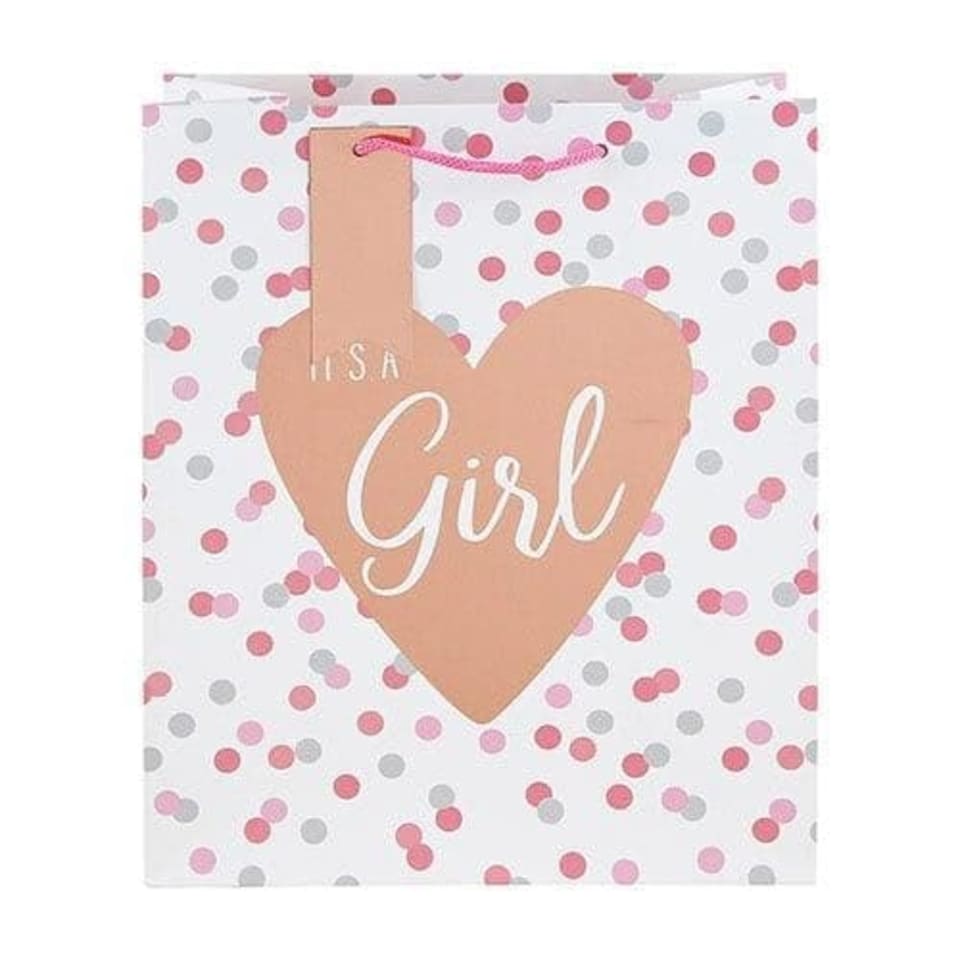 image 1 of It’s A Girl Pink Polka Dot Large White Gift Bag 33cm | Pink | 1
