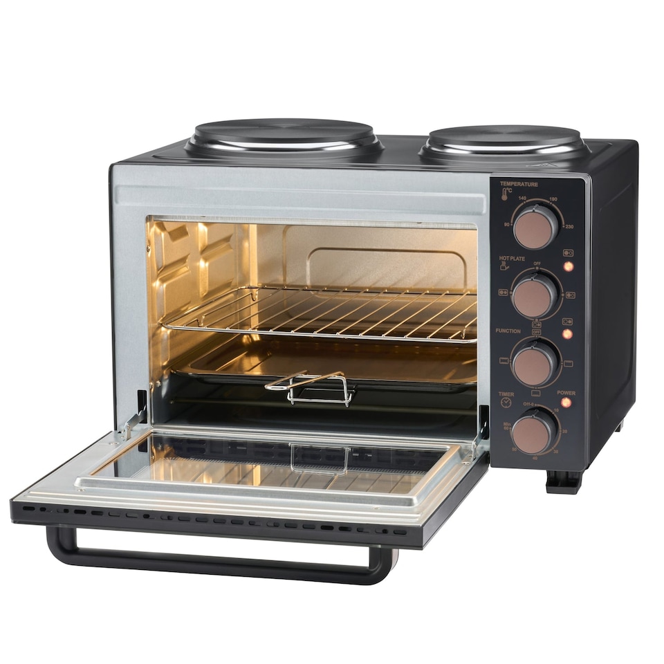image 1 of Cooks Professional 28L Mini Oven with 2 Hobs - Electric Multifunction Countertop Cooker | Black | Black & Copper