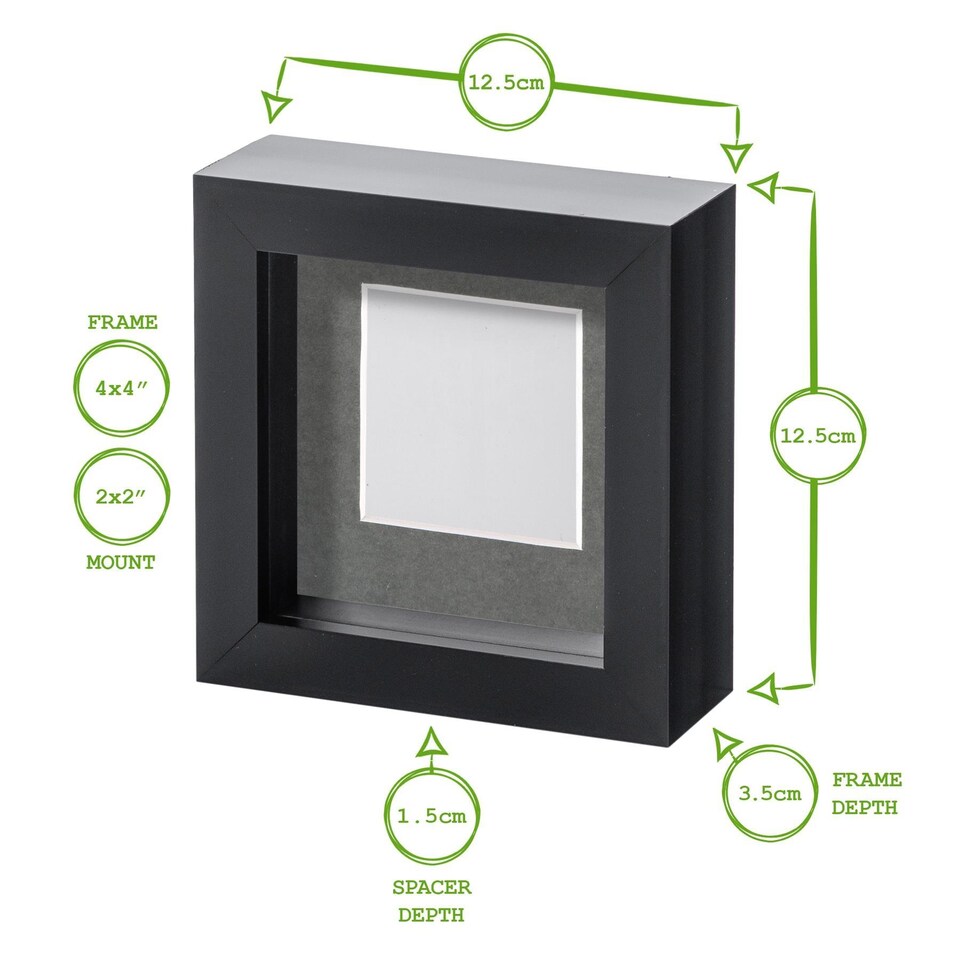 image 1 of Nicola Spring 4 x 4" Photo Frames - Black Mount 3D Photo Frame Picture Frame Box Portrait Display Case & Spacer (12.5 x 12.5cm) x5